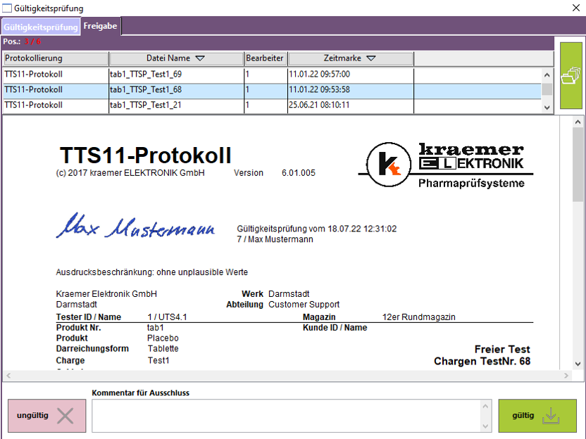 TTS11 Software für Tablettenprüfgeräte: Elektronische Signatur | Kraemer Elektronik Tablettenprüfgeräte