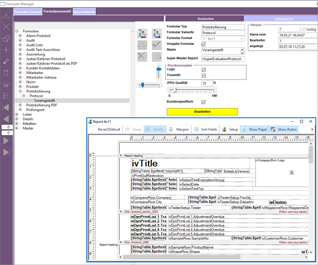 TTS11 Software für Tablettenprüfgeräte: Formularmanager | Kraemer Elektronik Tablettenprüfgeräte