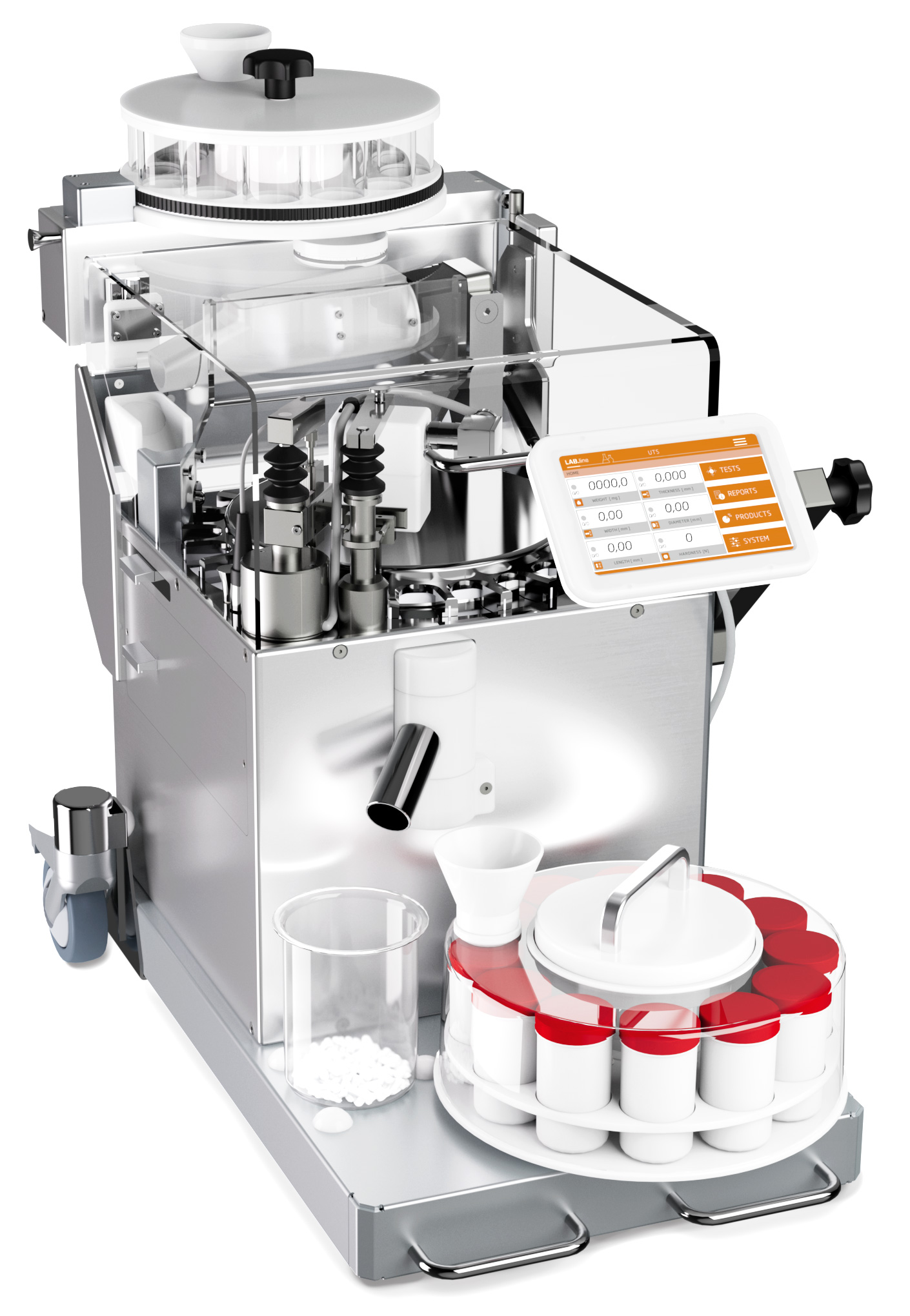 Automatisches Tabletten-Prüfsystem UTS 4.3 (LAB-Version): Bauart-Option mit Zuführung, Sammler und Transporteinrichtung | Kraemer Elektronik Tablettenprüfgeräte