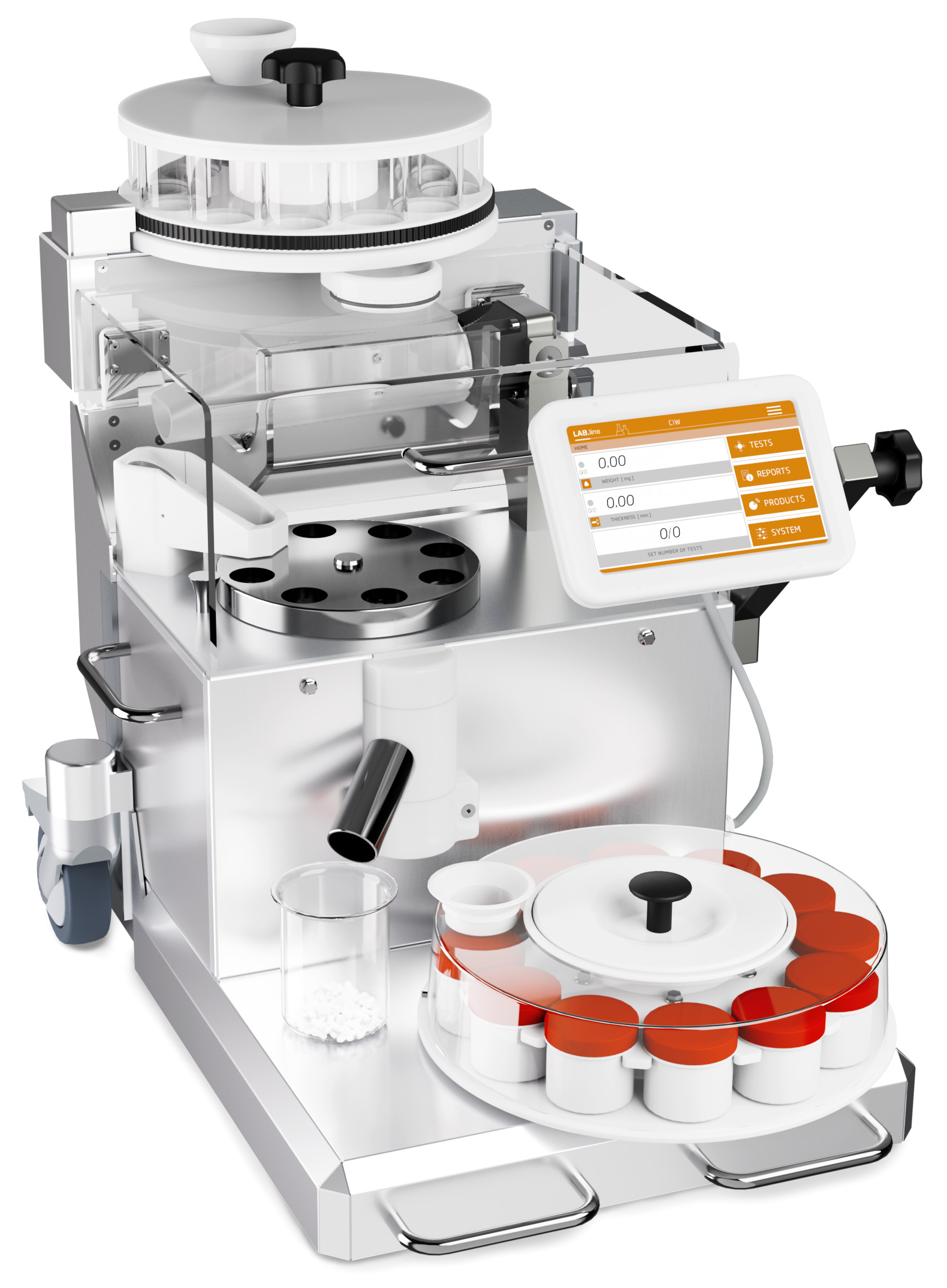 Automatisches Wiegesystem CIW 7.2 / CIW 7.3 (LAB-Version): Komplettlösung mit Zuführung und Sammler | Kraemer Elektronik Tablettenprüfgeräte