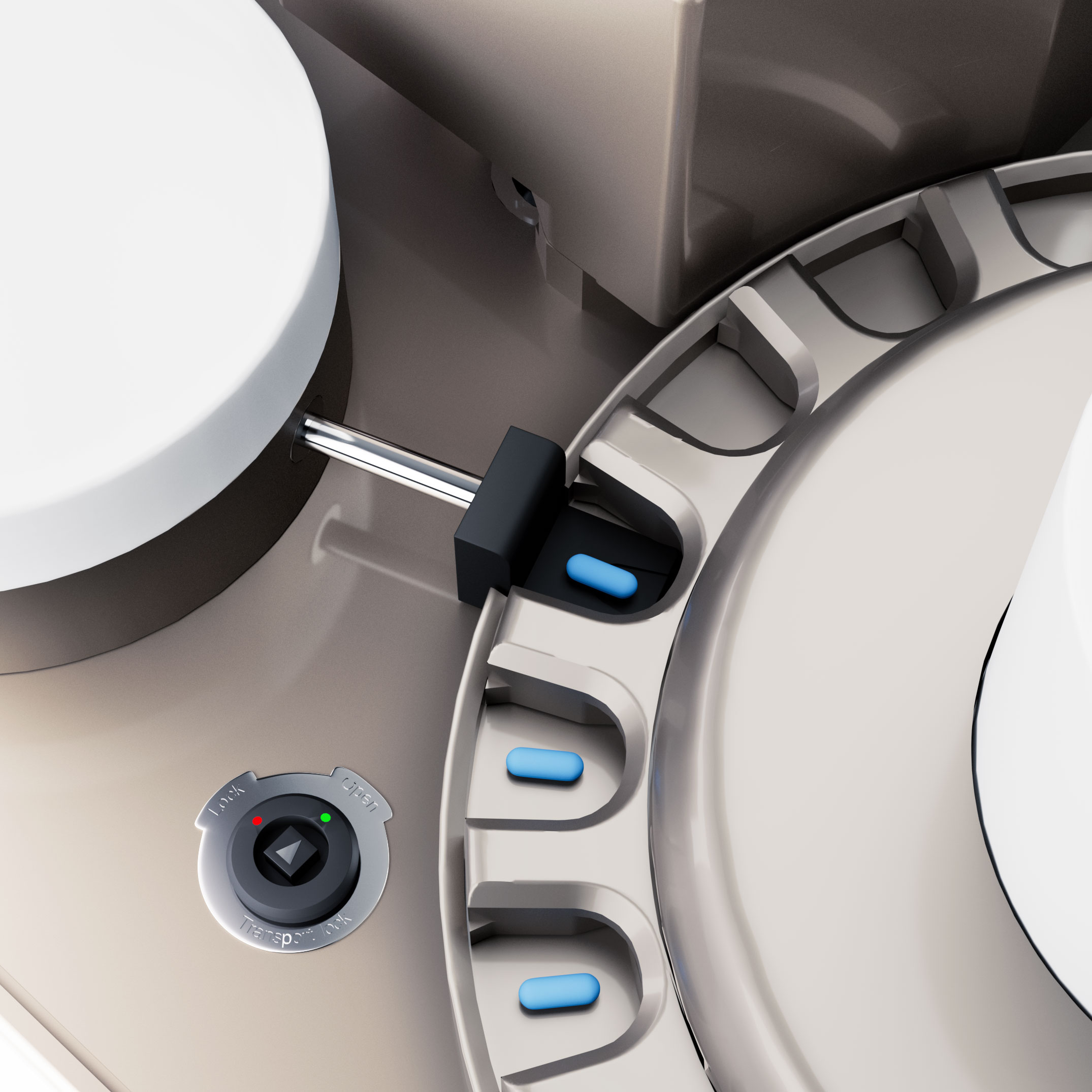 Automatisches Tabletten-Prüfsystem mit Wirkstoffgehaltsmessung UTS NIR (LAB-Version): Zuverlässige Übergabe der Tablette | Kraemer Elektronik Tablettenprüfgeräte