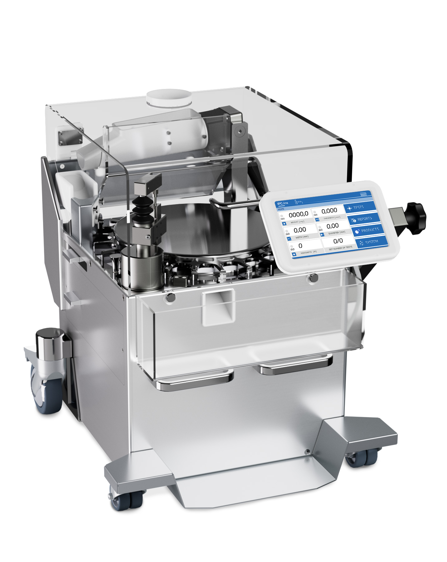 Automatisches Tabletten-Prüfsystem UTS 4.3 (IPC-Version): Bauart-Option mit Transporteinrichtung | Kraemer Elektronik Tablettenprüfgeräte