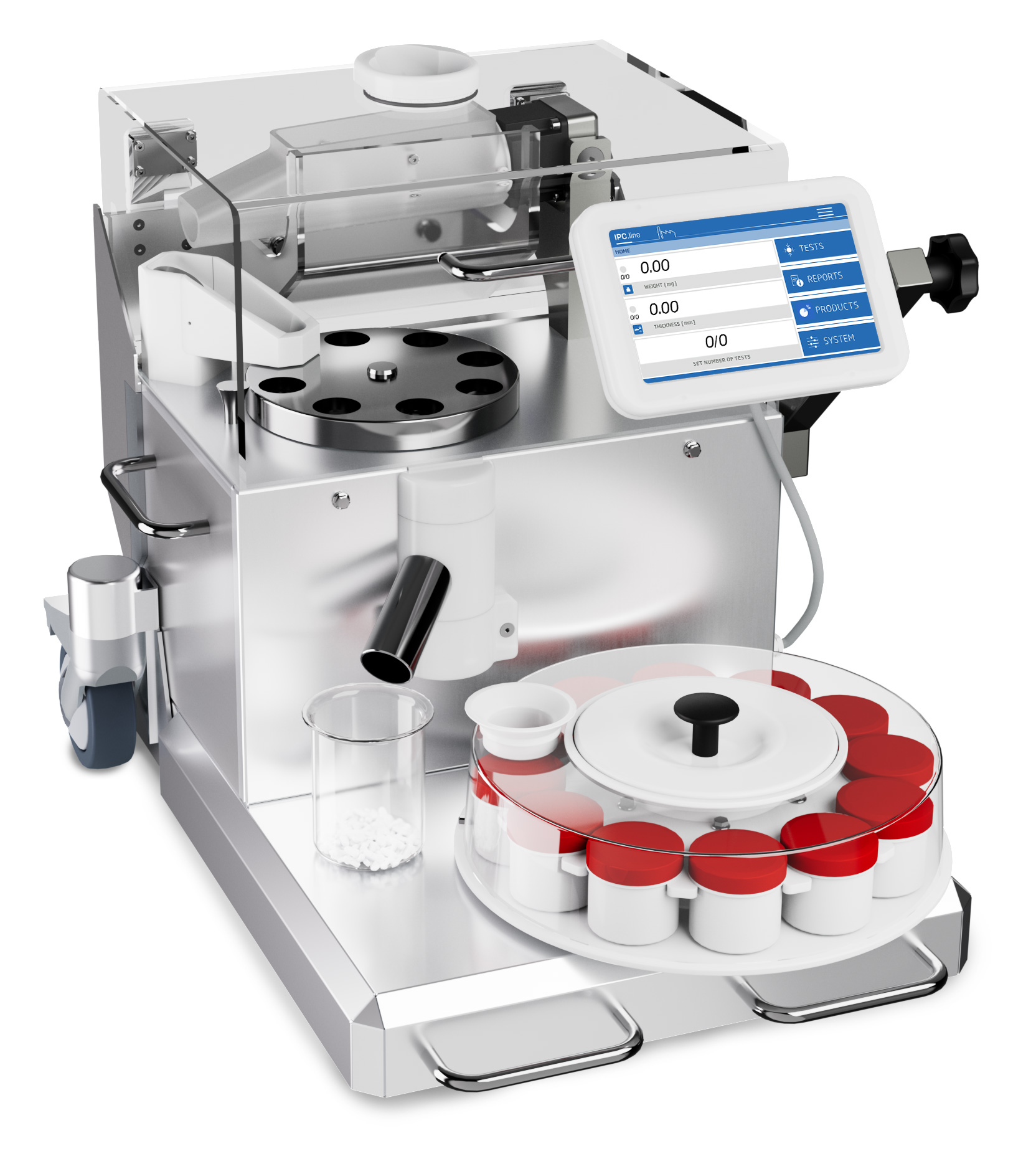 Automatisches Wiegesystem mit Touch-Display CIW 7.2 / CIW 7.3 (IPC-Version): Bauartoption mit 12-Stationen-Sammler | Kraemer Elektronik Tablettenprüfgeräte